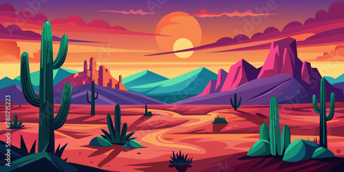 Landscape of desert mountains and cacti in vintage tones.