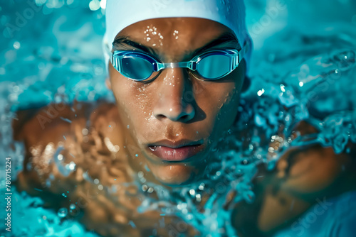 Close Up Male Swimmer Emerges from Blue Pool Water, Swim Cap, Goggles photo