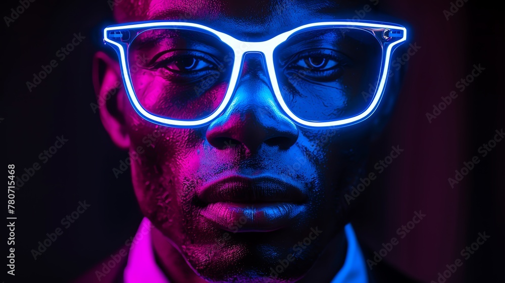 Close-up portrait of a man with glowing neon glasses, casting vivid blue and pink hues on his face, creating a dynamic fusion of modern style and technology. Close-up portrait of a man with glowing neon glasses, casting vivid blue and pink hues on his face, creating a dynamic fusion of modern style and technology.
