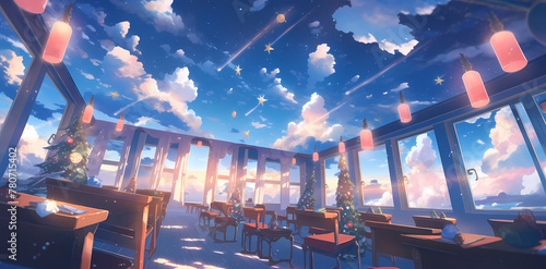 Magical Classroom with Floating Lanterns and Stars, christmas ilustration. photo