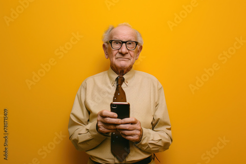 Elderly Man Wearing Glasses Using a Cell Phone Against Yellow Background, Technology and Communication Concept © SHOTPRIME STUDIO