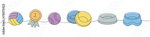 Set of pet supplies. Dog ball toy, first place medal, tennis ball, pet bowl, dog bowl continuous one line illustration. Vector linear illustration.
