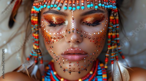 Close-up of a woman's face, beautifully decorated with aboriginal dot painting, her eyes closed in tranquility, symbolizing cultural heritage and artistic expression.