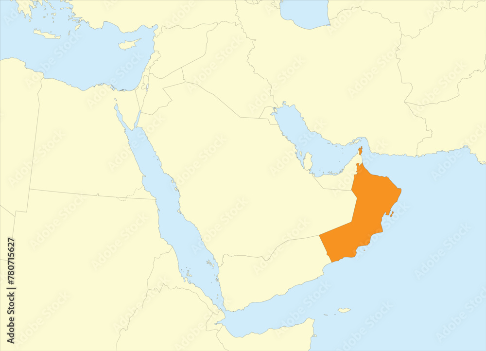 Orange detailed blank political map of OMAN with black borders on beige continent background and blue sea surfaces using orthographic projection of the Middle East