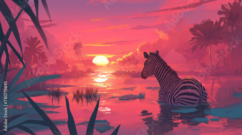 Zebra em um lago ao por do sol rosa - Ilustração