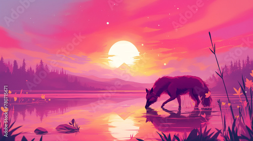 Lobo-guará em um lago ao por do sol rosa - Ilustração