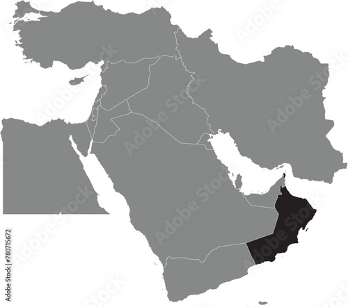 Black detailed blank political map of OMAN with white borders on transparent background using orthographic projection of the gray Middle East