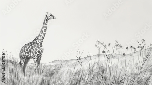 Girafa em um campo florido - Ilustração de esboço photo