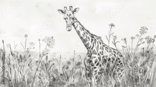 Girafa em um campo florido - Ilustração de esboço