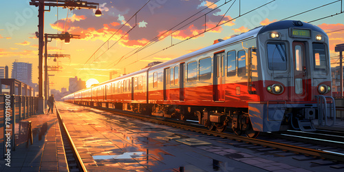 Commuter Train at Orange Sunset Glow anime art