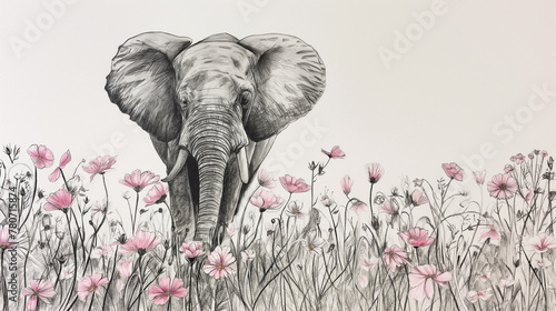 Elefante andando em um campo de flores - Desenho de esboço photo