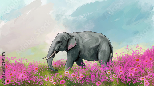 Elefante andando em um campo de flores - Desenho de esboço