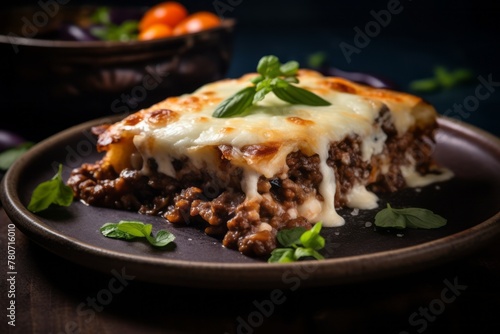 Hearty moussaka on a rustic plate against a dark background