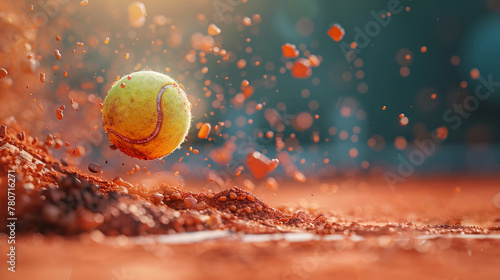 Red and orange clay interacting with a tennis ball in flight