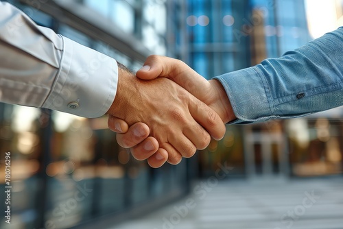 Business deal - handshaking on background of business hall. Hands close-up. The language of business spoken through clasped hands.