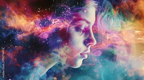 Womans face with colorful smoke and stars in background