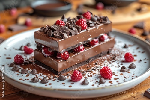Gourmet chocolate dessert elegantly presented on the plate. Melt-in-your-mouth goodness, a moment of pure bliss.