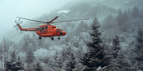 A red rescue helicopter during search and rescue work in the mountains. A helicopter searching for people in mountain forests. Helicopter hunts in forests. © Liaisan