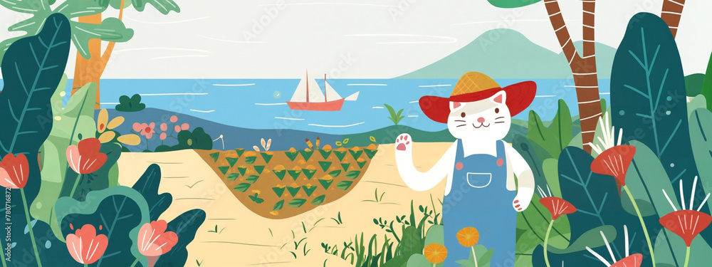 Naklejka premium Funny Fat Smiling White Cat in Straw Hat as Farmer in Children's Book Illustration Style, Concept For Kids Decor, Poster, Card, Background, Banner