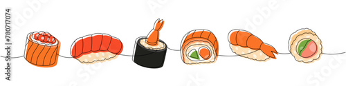 Sushi and rolls set. Japanese cuisine, traditional food one line drawing. Ikura sushi, tobiko maki, sake nigiri, shrimp, philadelphia roll, futomaki