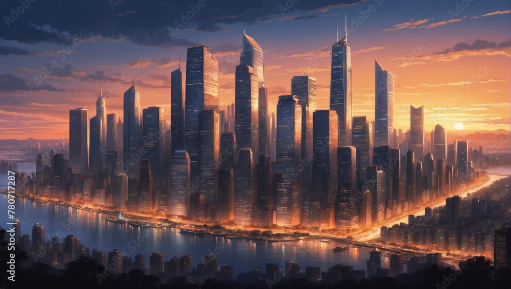 Illustration of a bustling city skyline at dusk, with skyscrapers illuminated by the warm glow of the setting sun.