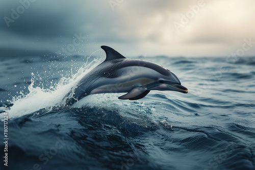 Playful dolphins jump out of the blue ocean.