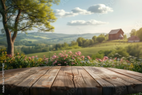 Wooden table in front of a beautiful landscape, platform podium against the backdrop of a farm on a sunny day