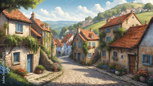 Illustration of a charming European village nestled among rolling hills, with cobblestone streets and quaint cottages.