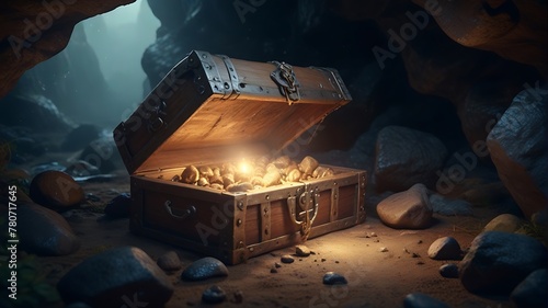 In the pirate cave, there is an ancient wooden chest filled with gold coins and treasure on a white background. photo