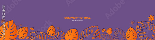 Colorful summer tropical banner with monstera leaves. Tropical background. Vector illustration in purple and orange color