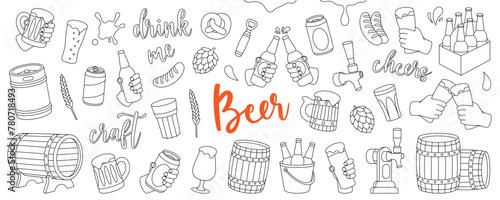 Beer outline set. Wooden barrels, cans, mugs, metal keg, bottle opener, sausages, tap, hop cone. Brewing process, brewery factory production.
