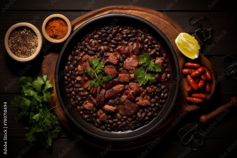 Exquisite feijoada on a wooden board against a dark background Exquisite feijoada on a wooden board against a dark background