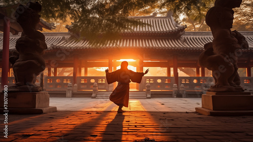 Chinese monks enjoy dancing Tai Chi in the temple courtyard in the evening atmosphere