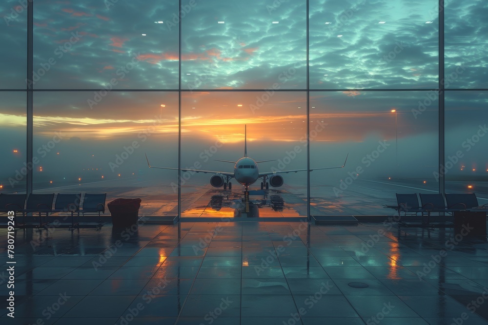 An early morning inside an airport lounge with a view of an airplane on the tarmac during an atmospheric sunrise