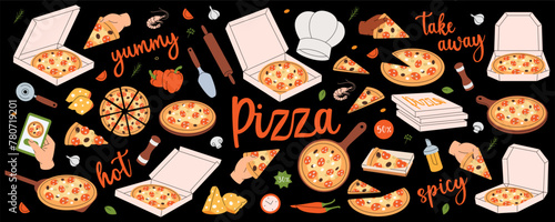Fresh pizza set. Traditional italian fast food. Restaurant cafe menu. Whole and pieces italian pizza. Vector illustration.