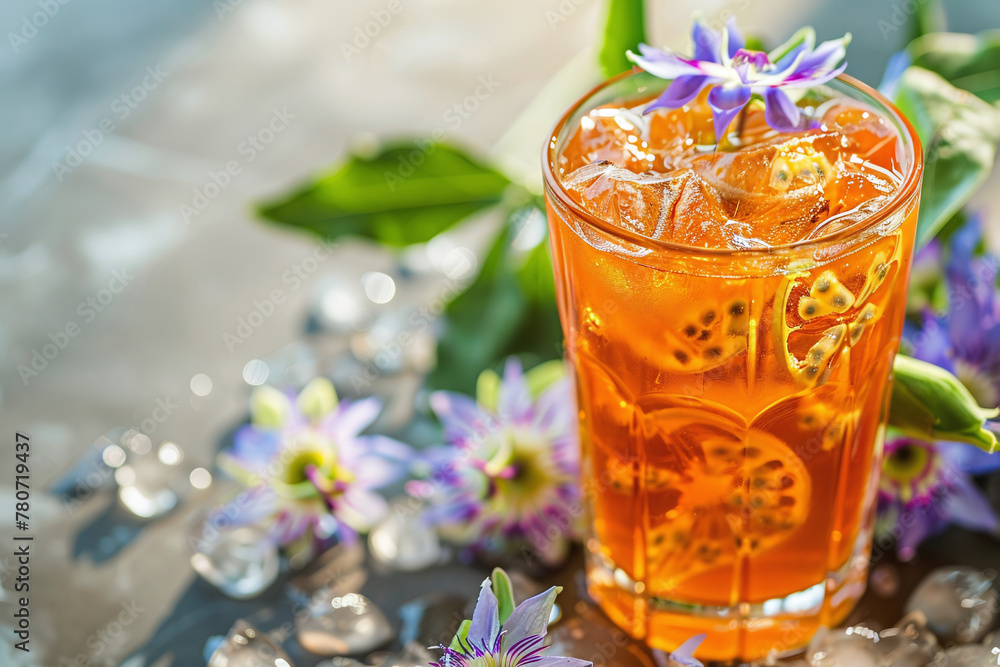 A glass of iced passion fruit tea with floral notes A glass of iced passion fruit tea with floral notes