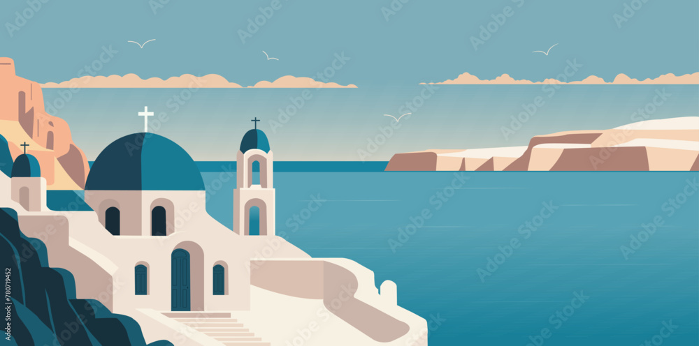 Naklejka premium Santorini Island, Greek. Beautiful greece landscape travel background postcard. Santorini illustration landscape design. Vector stock