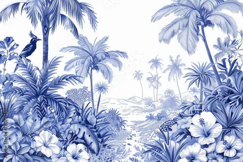 Blue and white jungle coloring book drawing created with blue ink in line art style on a white background with flowers and palm trees done in a blue color palette