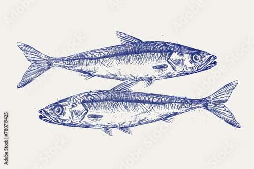 Hand drawn sardines in blue pencil on a white background and space for text, design for interior