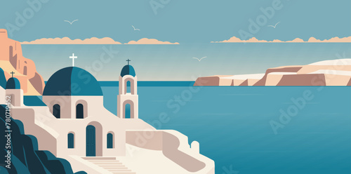Santorini Island, Greek. Beautiful greece landscape travel background postcard. Santorini illustration landscape design. Vector stock © Jessica