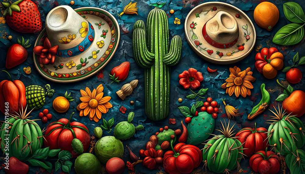 Cinco De Mayo concept with a cactus, food and a sombrero. Mexican holiday traditions, colors mexican flag. Cinco De Mayo concept with a cactus, food and a sombrero. Mexican holiday traditions, colors mexican flag.