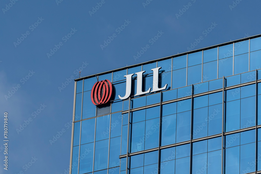 Houston Texas USA April 7 2024: JLL close up logo sign on the