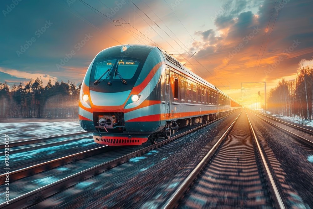 Naklejka premium An electric high-speed passenger train speeds along the track, cutting through a snowy landscape under a dramatic dusk sky