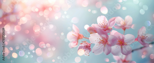 Light blue background with pink cherry blossom petals, blurred background, soft tones, dreamy atmosphere, delicate details, bokeh effect, light and airy feel, pastel colors, elegant style. © RumRaisinStock