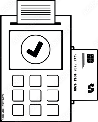 vector drawing illustration credit or debit card paying in pos terminal machine, drawn in black and white color photo