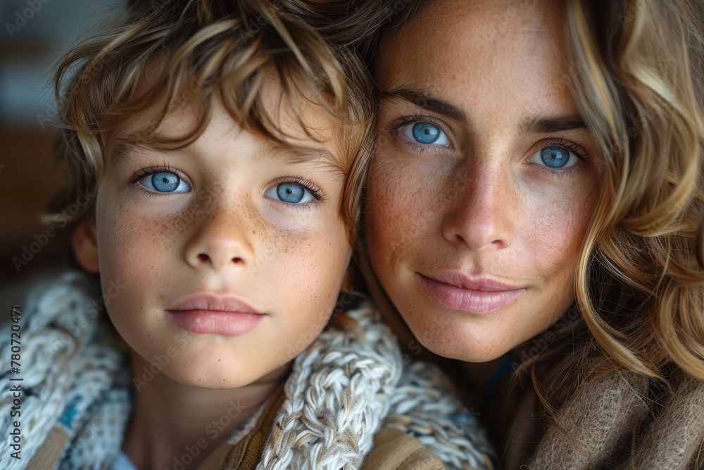 Close-up image of a woman and boy, both with striking blue eyes and ...