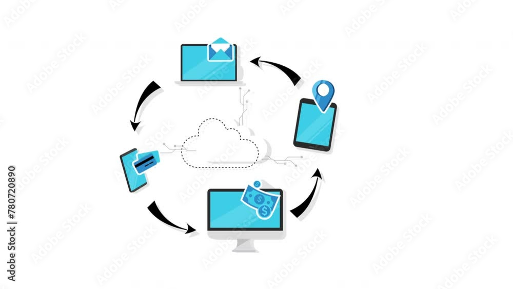 Technology and Data Cloud
Concept Animated Design Element. Motion design of data cloud electronic devices with business icons. Technology and Data Cloud
Concept Animated Design Element. Motion design of data cloud electronic devices with business icons.