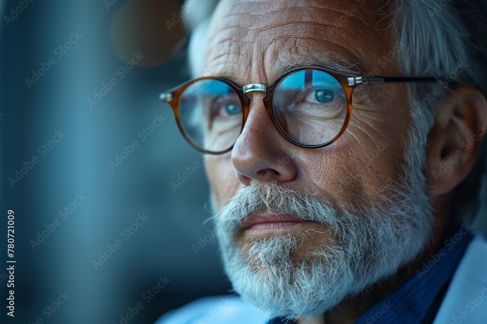 A portrait of an elder man's wisdom and contemplation, with a blurred face, highlighted by his glasses A portrait of an elder man's wisdom and contemplation, with a blurred face, highlighted by his glasses