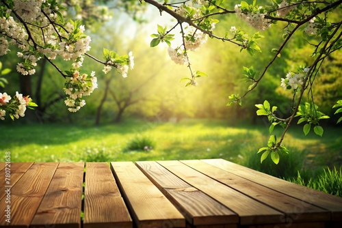 Spring beautiful background with green lush young foliage and flowering branches with an empty wooden table on nature outdoors in sunlight in garden