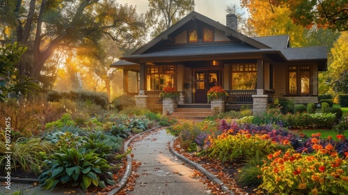 Picturesque craftsman style house with a colorful flower garden and glowing interior lights at sunset serves as an inviting visual for lifestyle content.